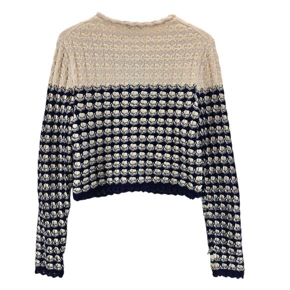 J Crew Cardigan Sweater Women Small Textured Crochet Lady Jacket Navy Blue Beige - Picture 3 of 9